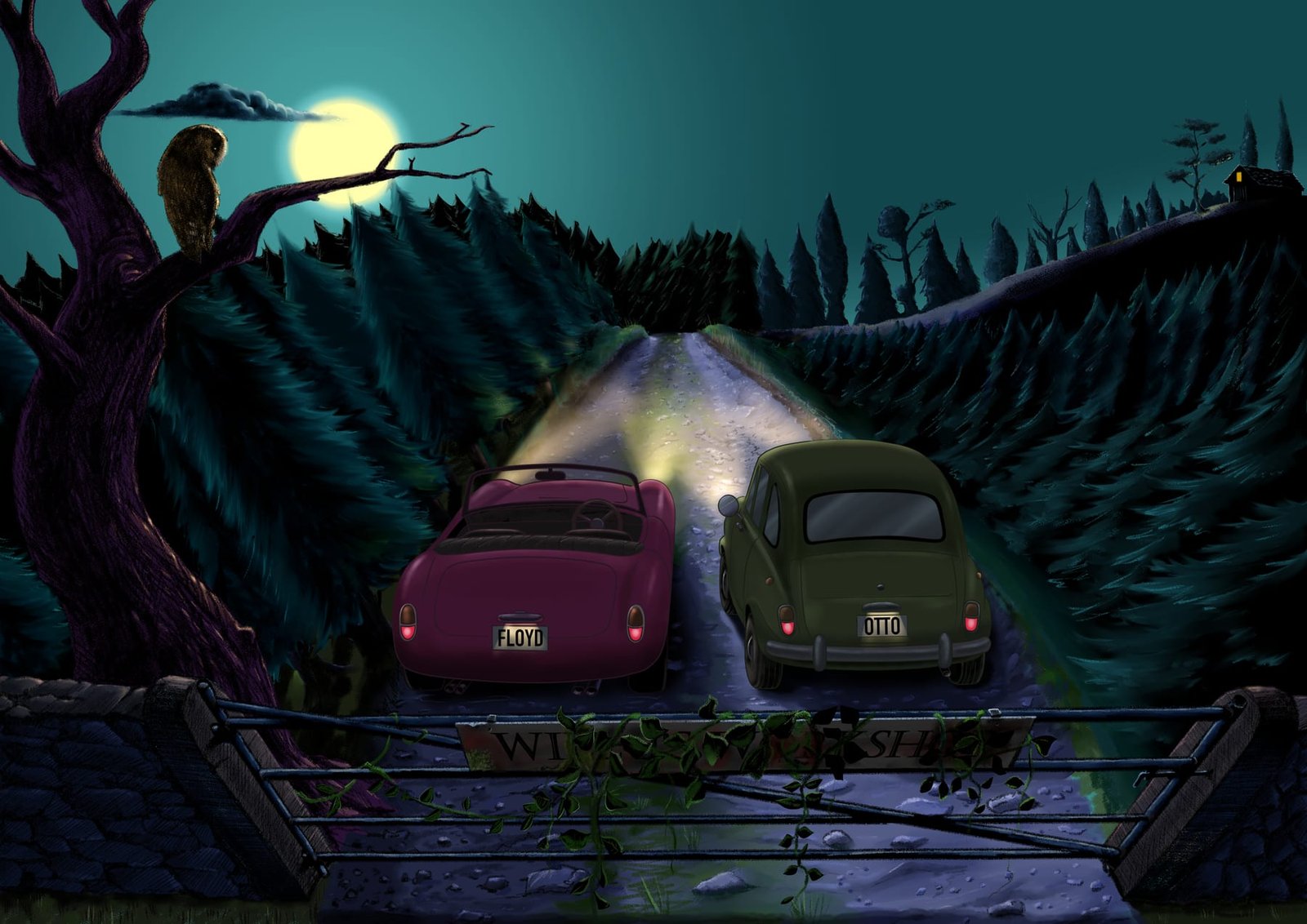 Floyd and Otto on the road to Witches Shed, from the artist